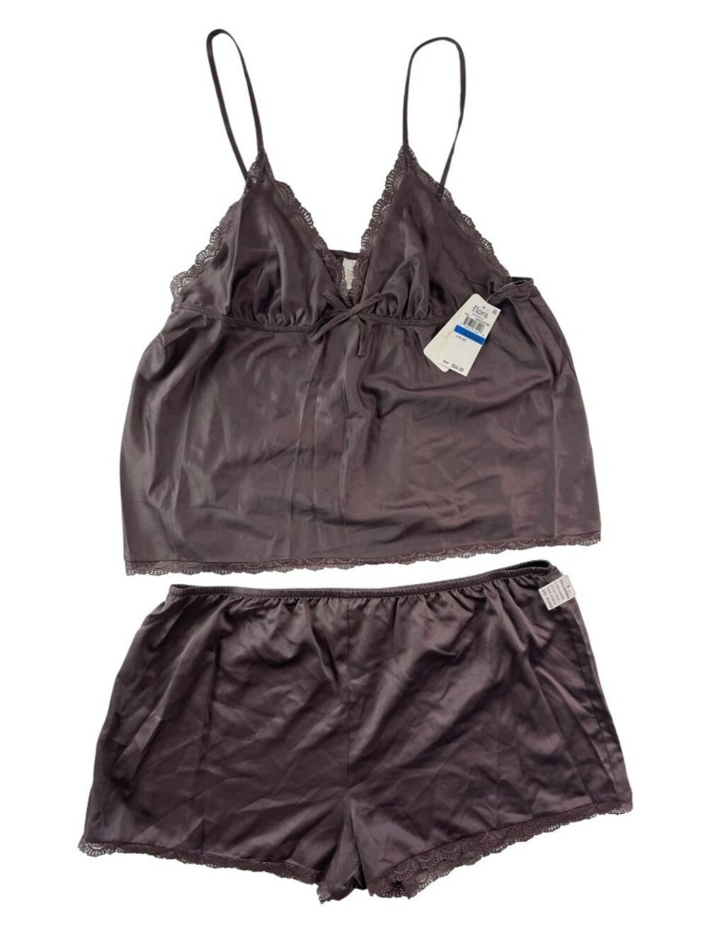 Flora By Flora Nikrooz Chocolate Satin Lace Trim 2-Piece Pajama Set Size XL NWT